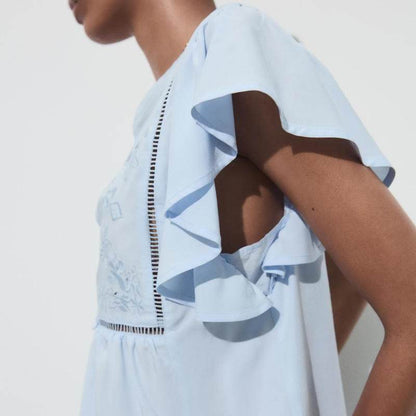 blue Hollow Embroidered Layered Lapel Short-Sleeve Shirt