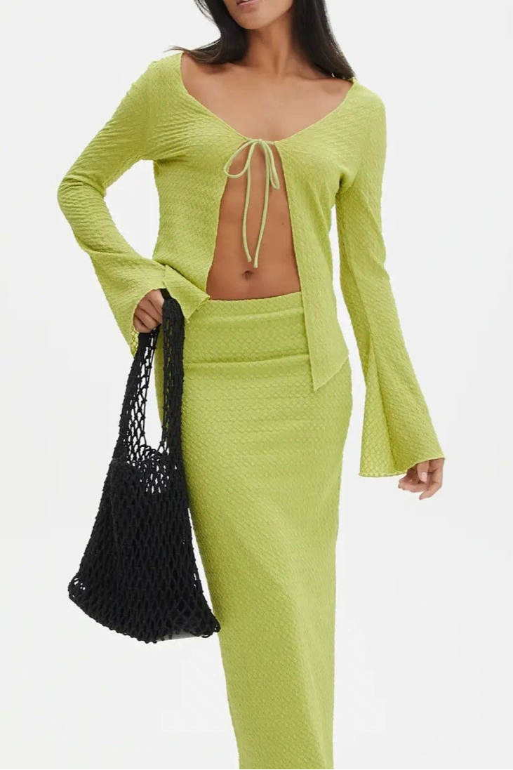 green Strip Knitted Cardigan Flared Pants Two-Piece Set