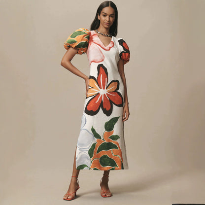 Printed puff sleeve V-neck side slit maxi dress
