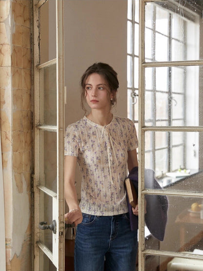 Floral Knit Short Sleeve Lace Collar Top