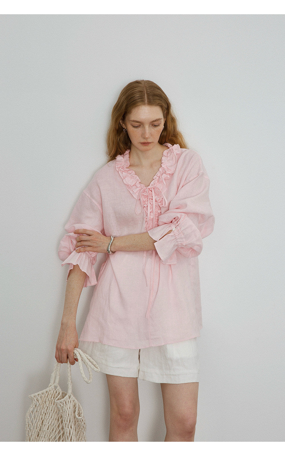 pink V-Neck Tie Shirt