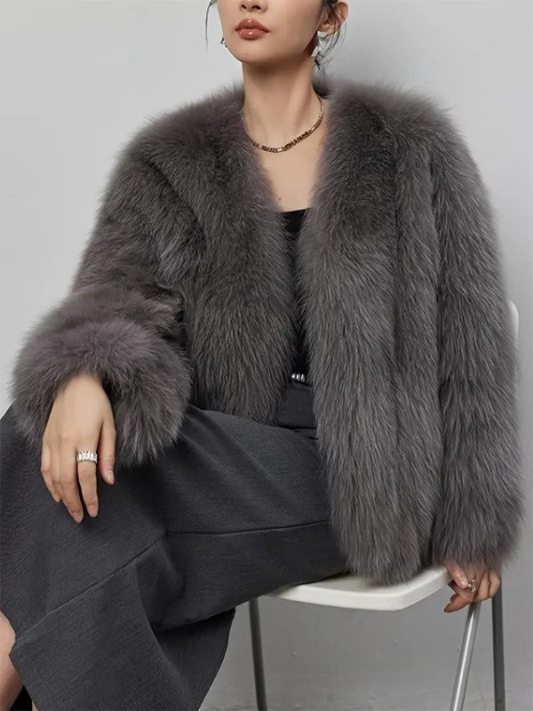 Gray Faux Fox Fur Eco Friendly Long Sleeve Jacket