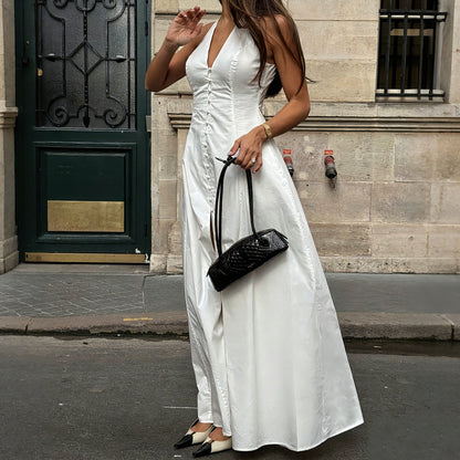 white V-neck slit skirt dress