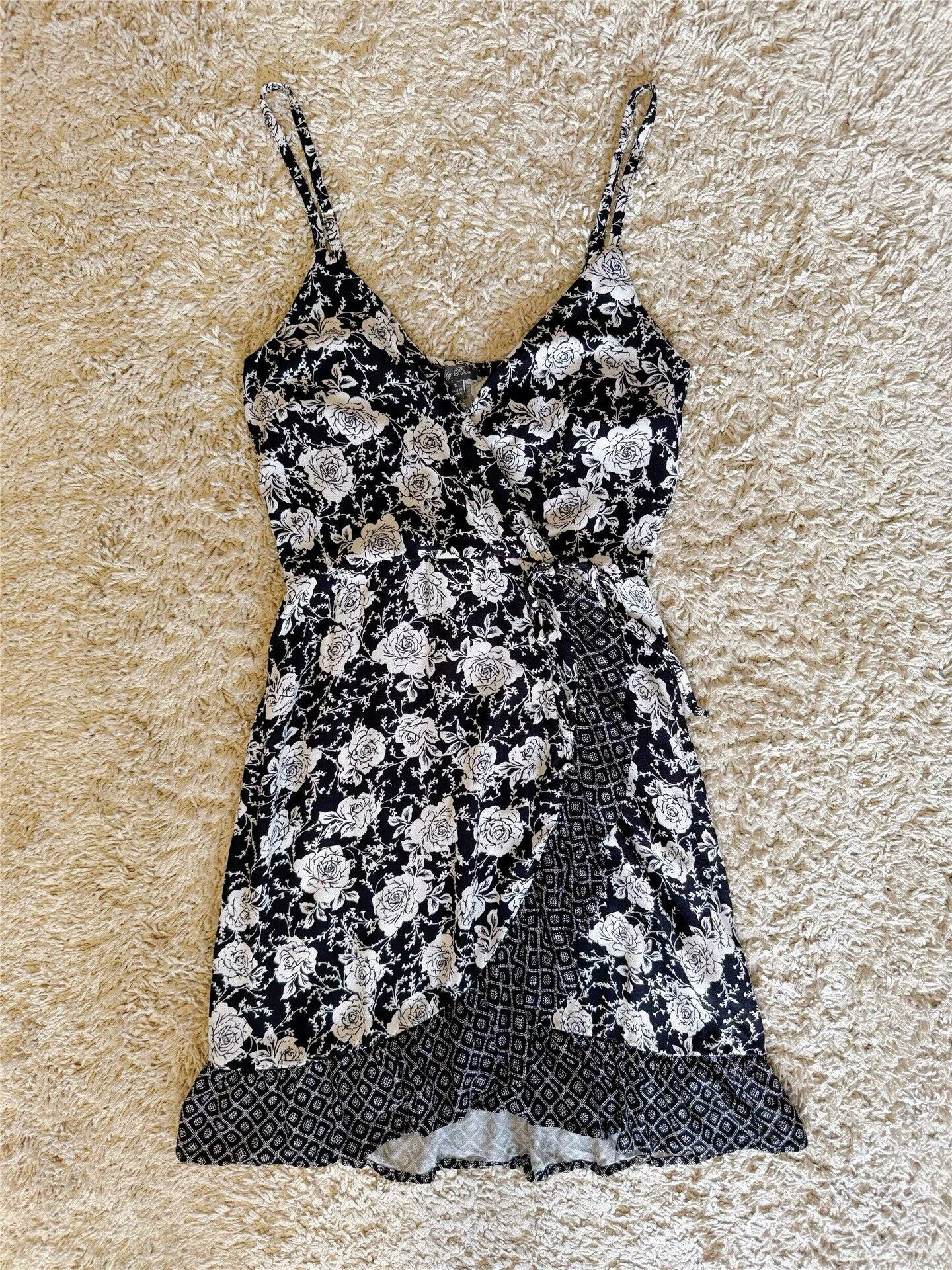 floral ruffle side tie V-neck slip dress