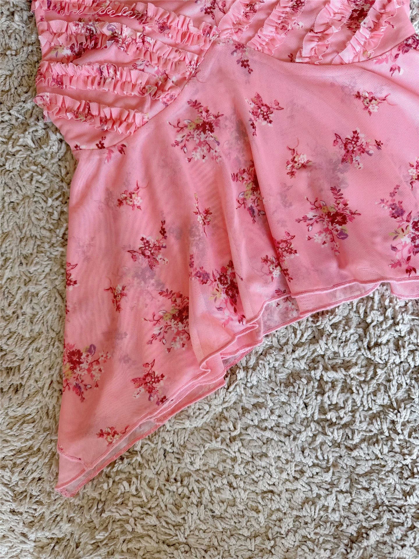 lace pink floral mesh V-neck irregular camisole top