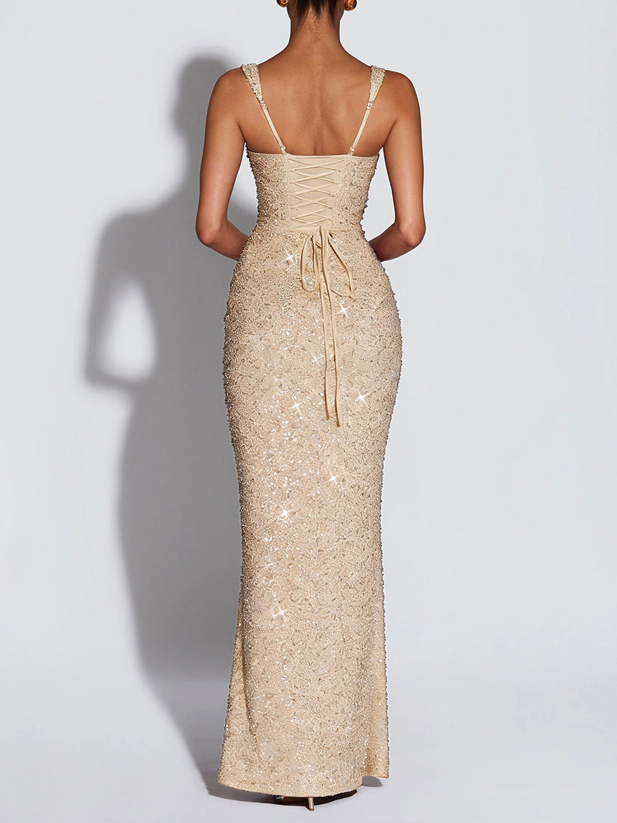 champagne sequin suspender evening dress