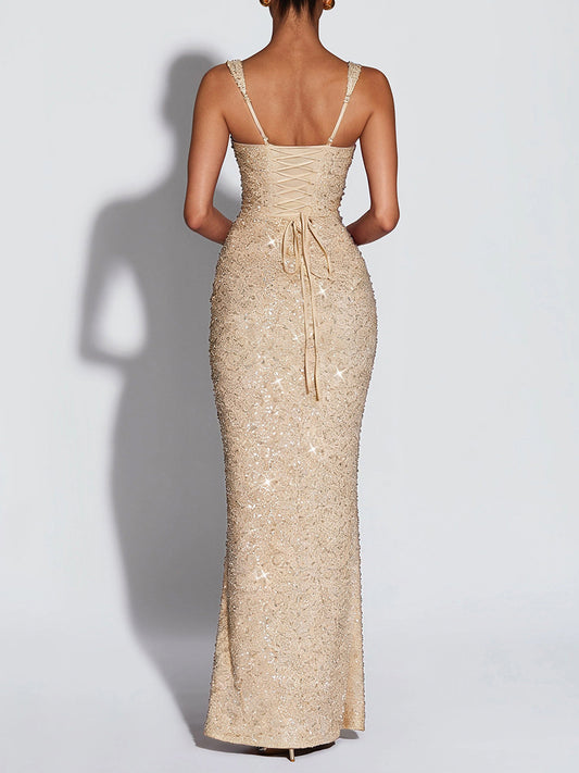 champagne sequin suspender evening dress