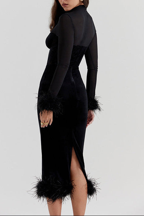 Furry Waist-cinching Mesh Patchwork maxi Dress