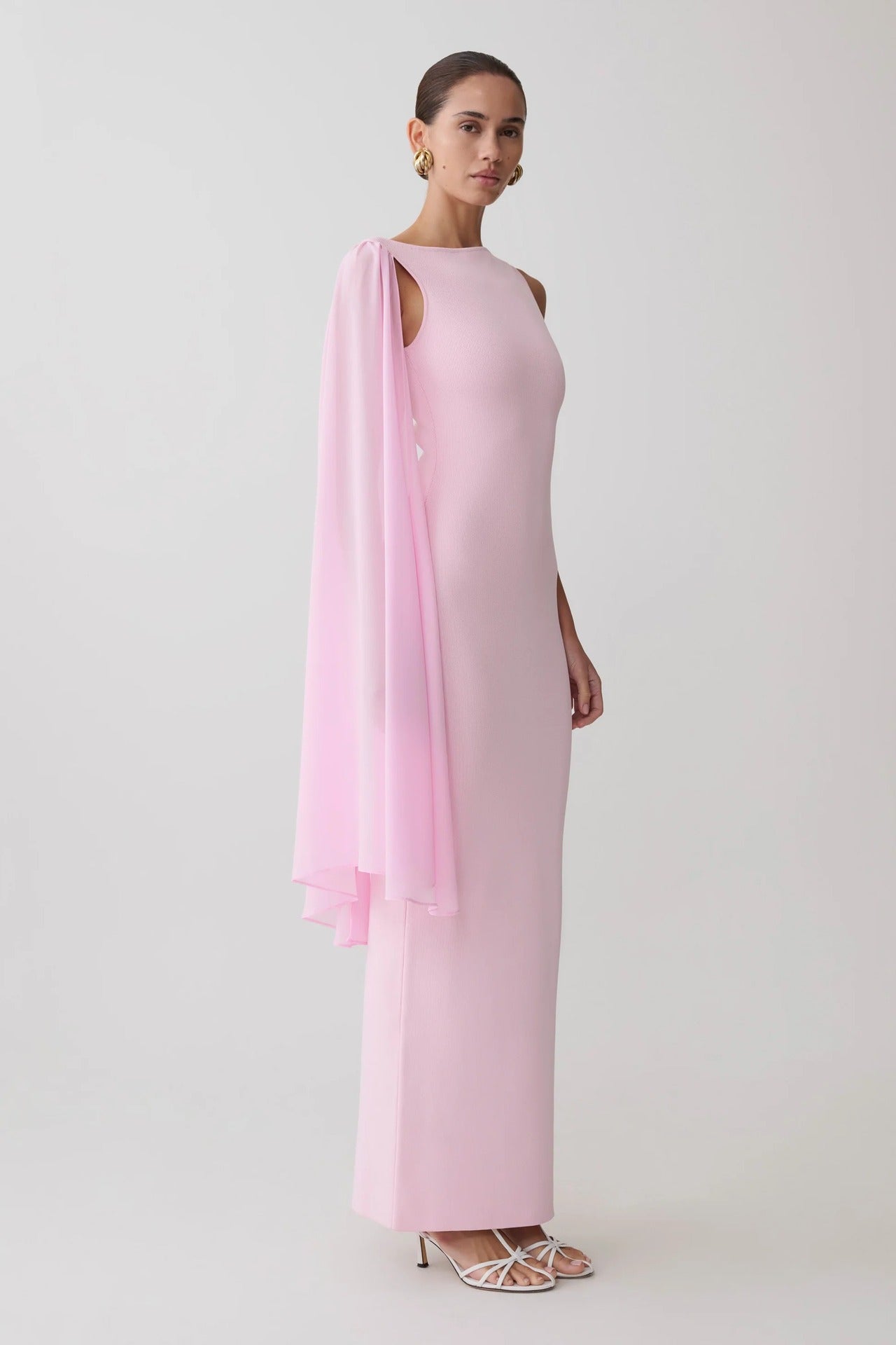 pink one-shoulder streamer hip-hugging dress