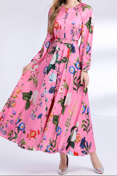 Retro Print Long-Sleeved Single-Breasted Lantern Sleeve maxi Dress