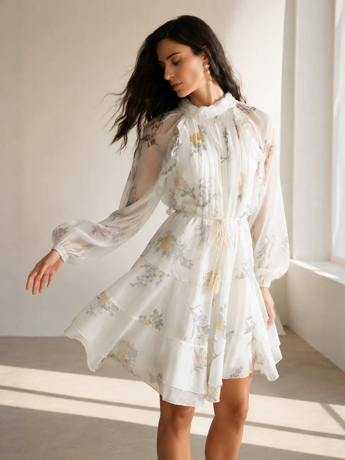 white Floral Chiffon Ruffled Tassel Belt Dress