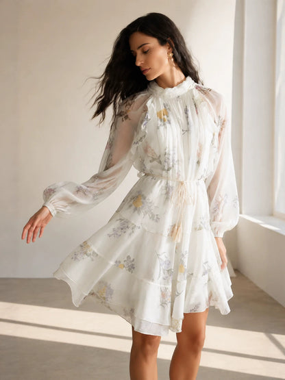 white Floral Chiffon Ruffled Tassel Belt Dress