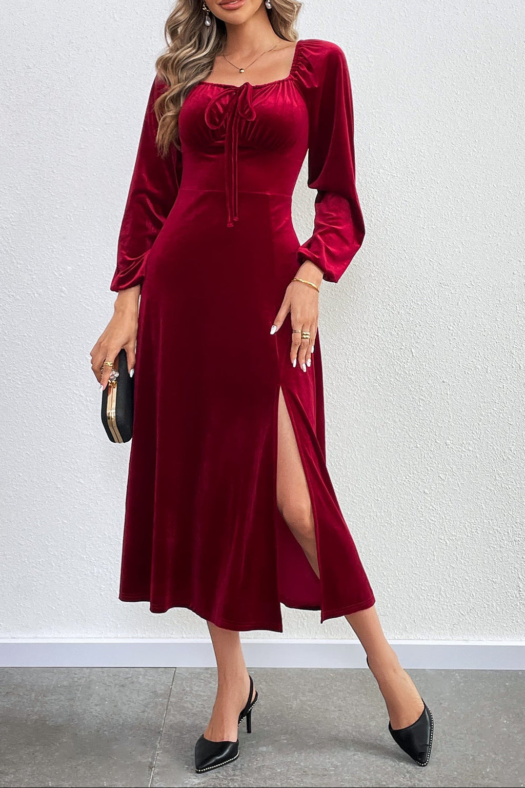 wine red Slit square neck puff sleeve long velvet dress