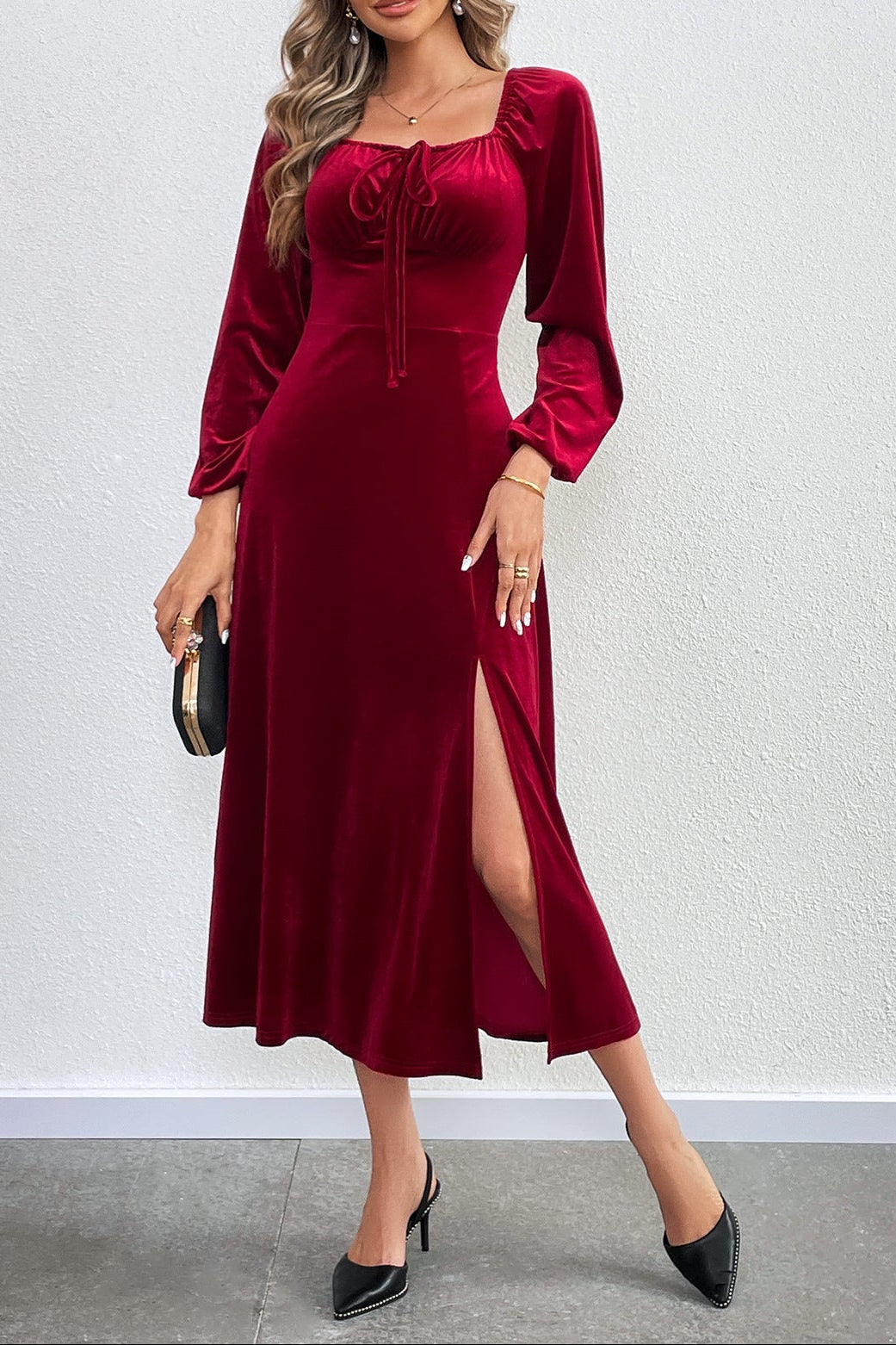wine red Slit square neck puff sleeve long velvet dress
