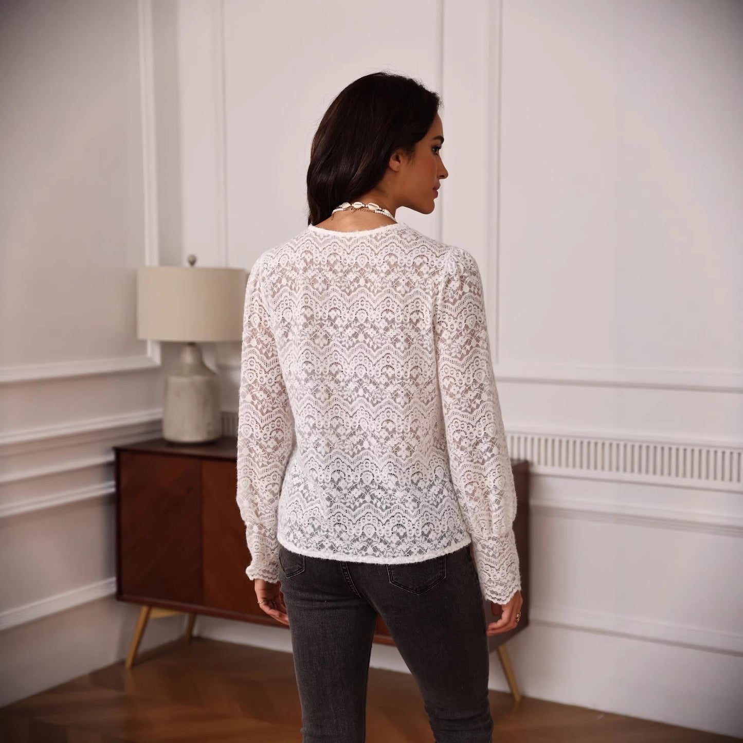 V-neck long sleeve lace top