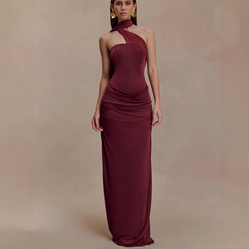 red bandeau sloping shoulder maxi dress