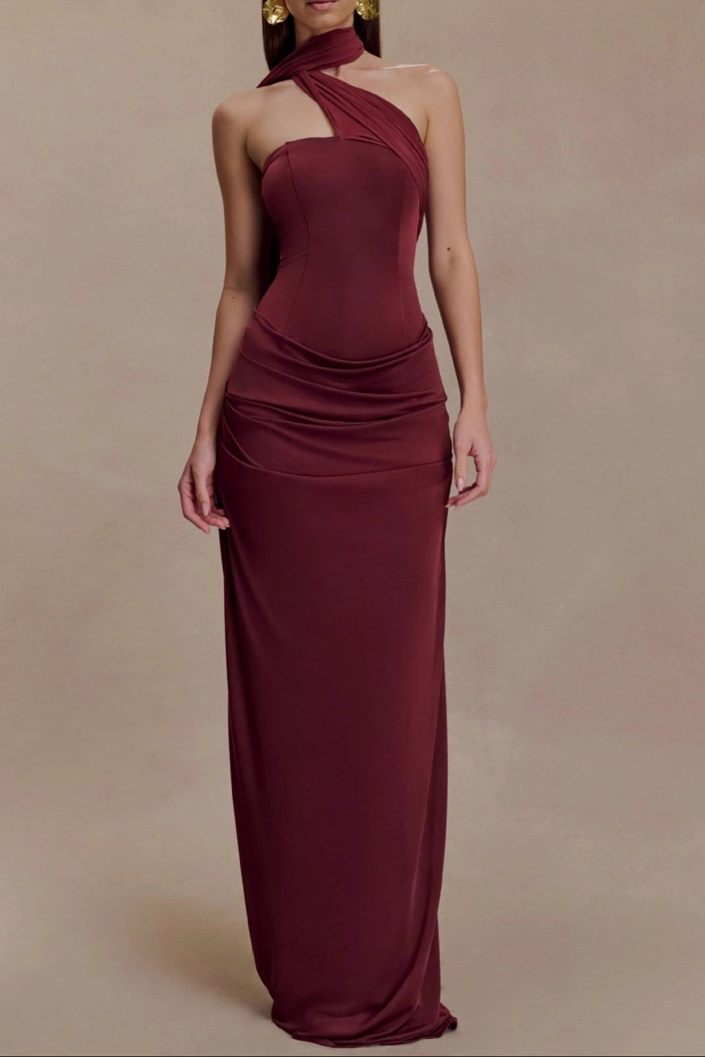red bandeau sloping shoulder maxi dress