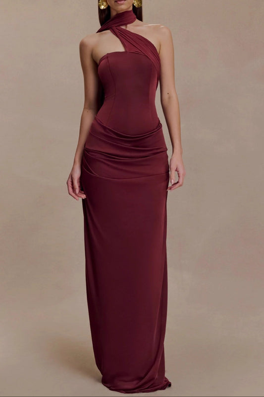 red bandeau sloping shoulder maxi dress