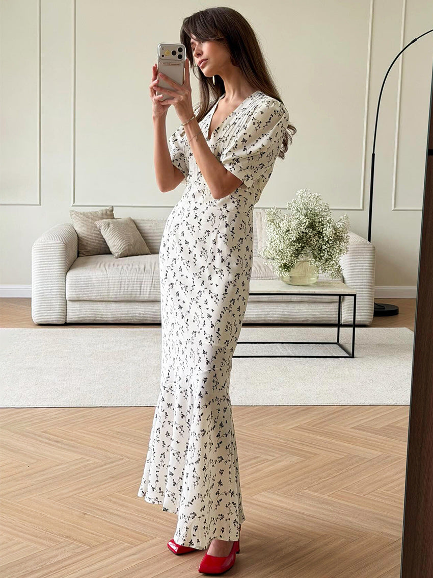 white floral print V-neck maxi dress