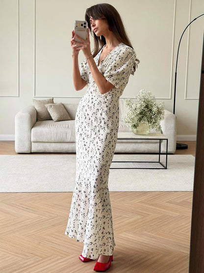 white floral print V-neck maxi dress