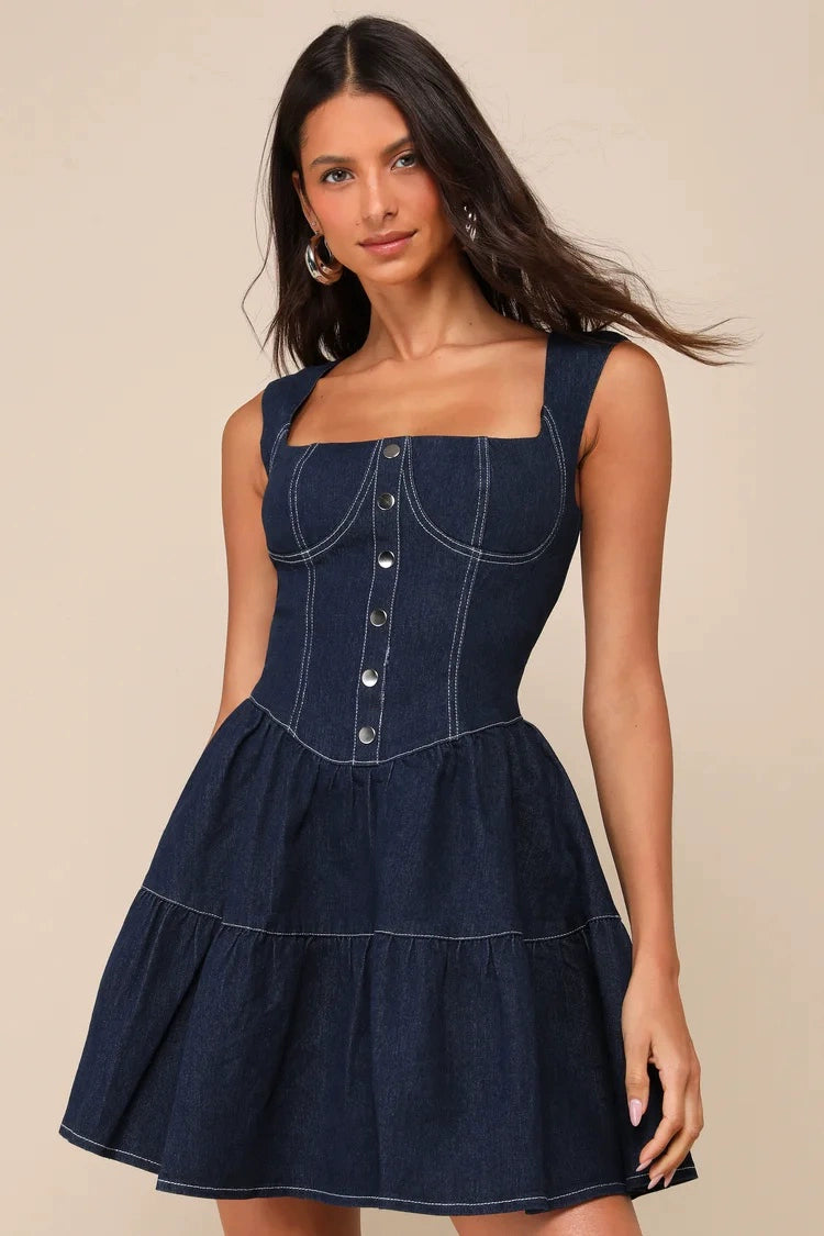 square neck corset buttoned denim waist mini dress