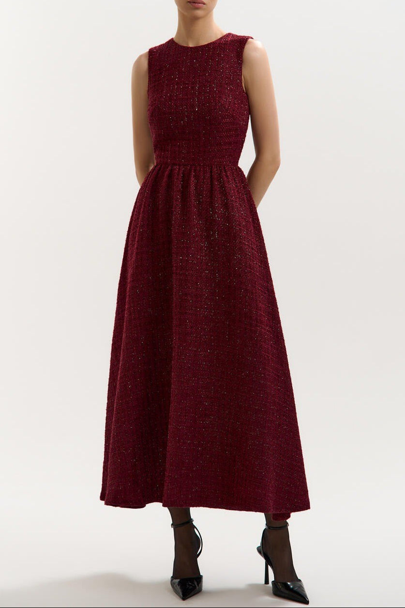red wine sleeveless A-line maxi dress