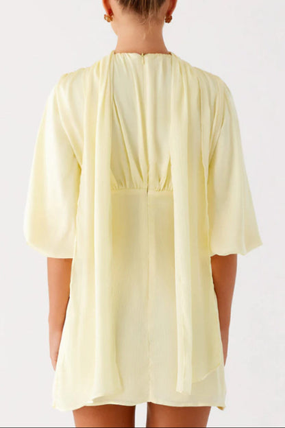 yeloow V-neck lantern mid-sleeve waist dress