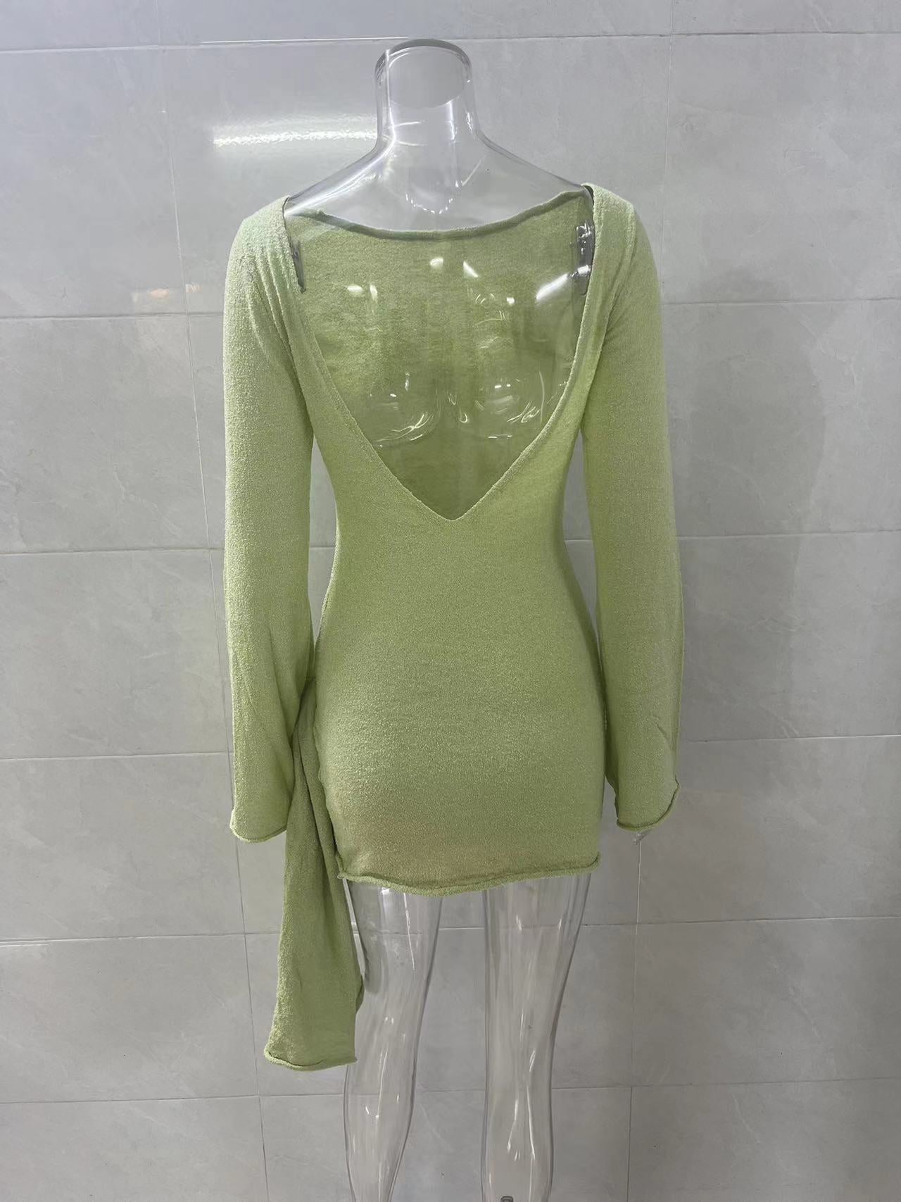 green backless long sleeve knitted mini dress