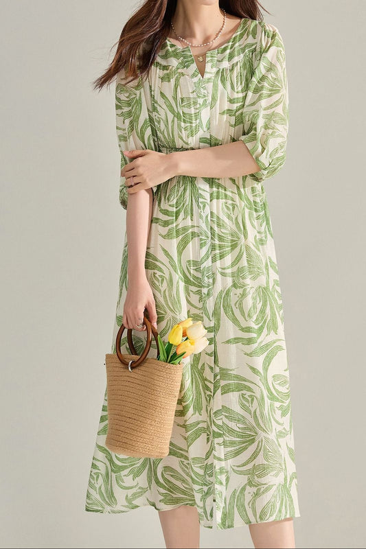 Green floral print midi dress with lantern sleeves