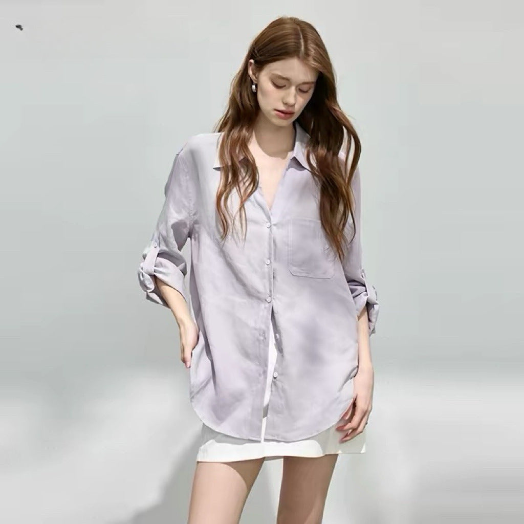Loose-fitting lapel ramie long-sleeve shirt