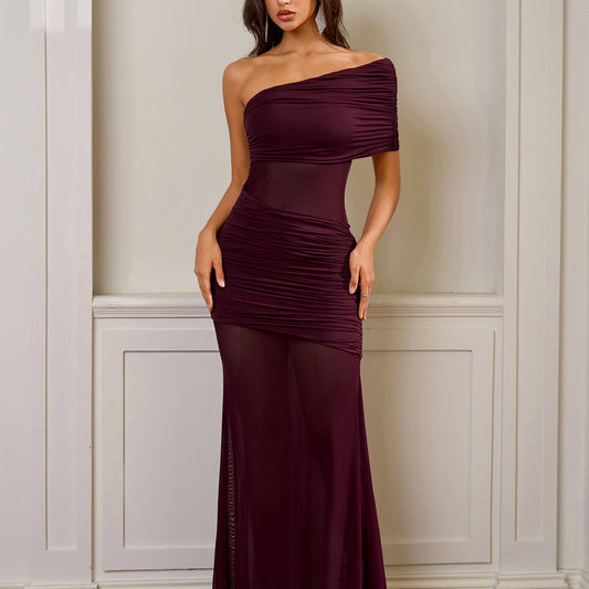 red mesh off-the-shoulder pleated slim hip-hugging dress