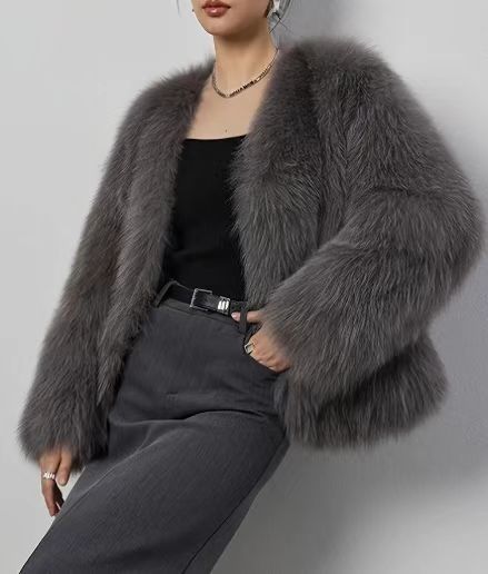 Gray Faux Fox Fur Eco Friendly Long Sleeve Jacket