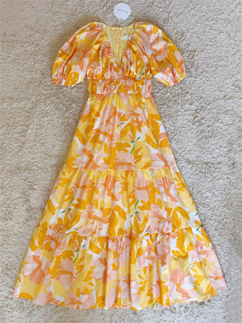 Puff Sleeve V-Neck Tiered Floral Maxi Dress