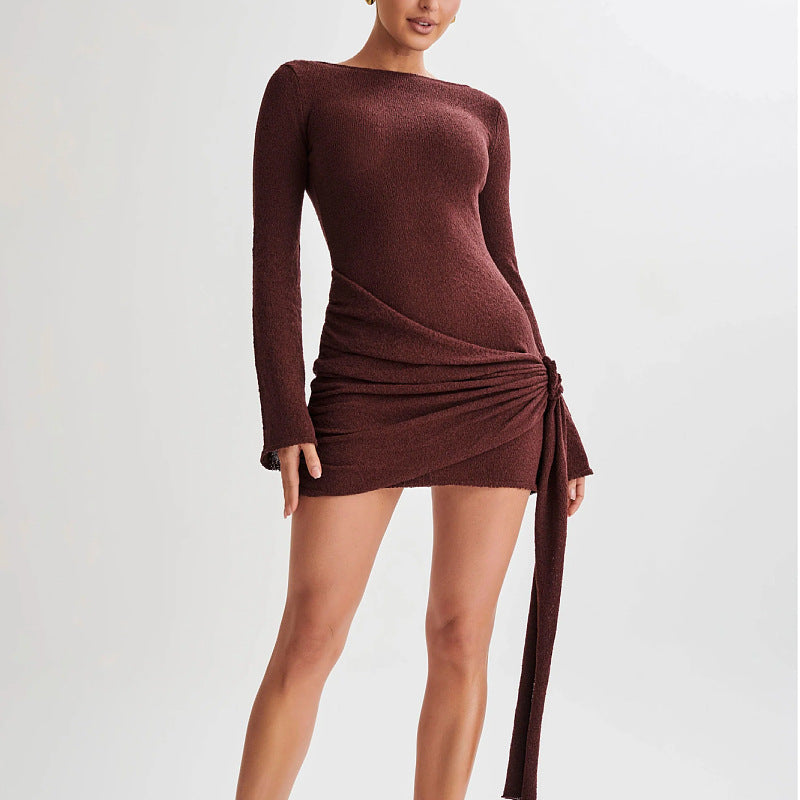 brown backless long sleeve knitted mini dress