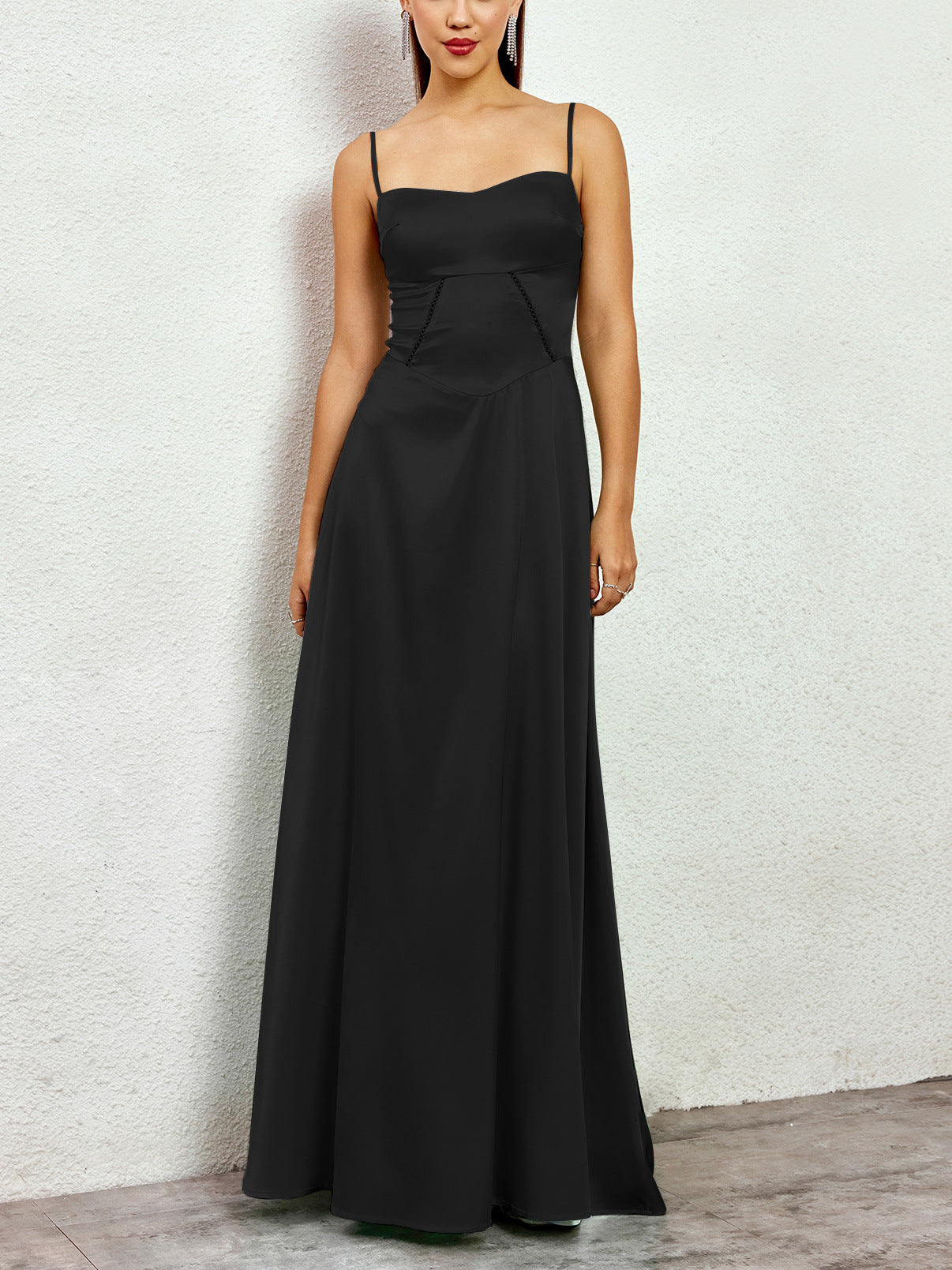 black matte satin backless slip dress