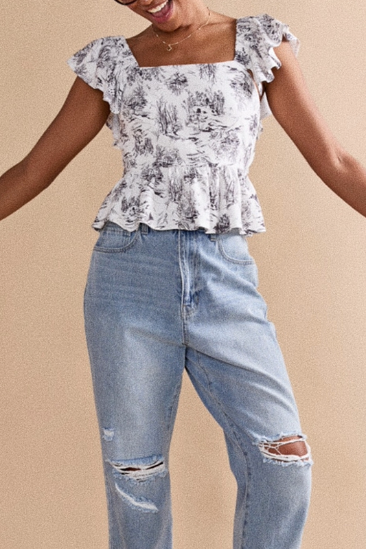 painting printed ruffle sleeve linen vest