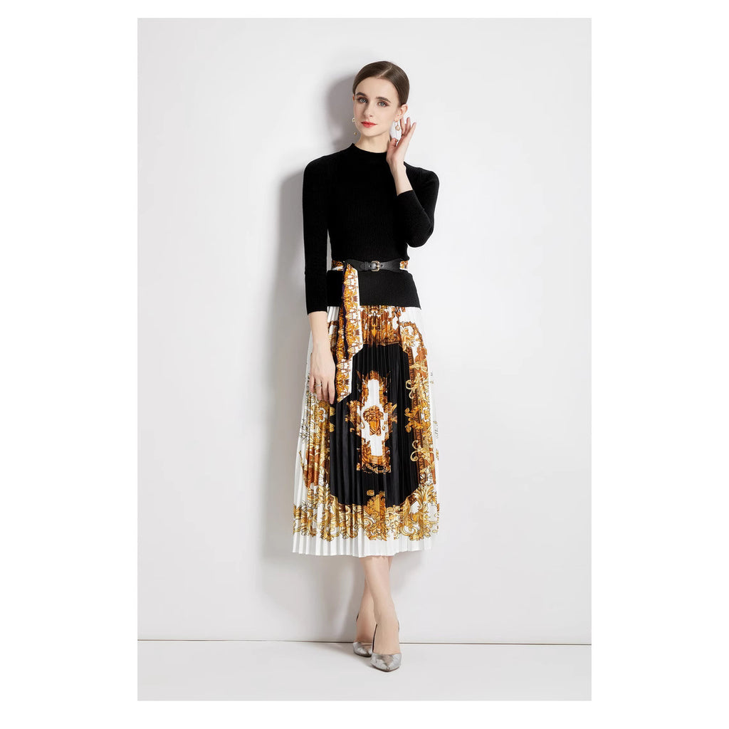 Two-piece knit top and printed pleated skirt set