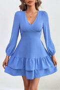 Backless tie-up ruffle long-sleeved dress in blue