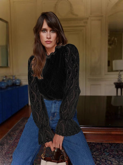 hollow lace long-sleeved top shirt