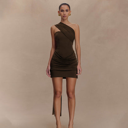 brown Bandeau Streamer Pleated mini Dress