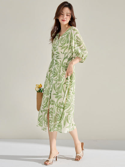 Green floral print midi dress with lantern sleeves