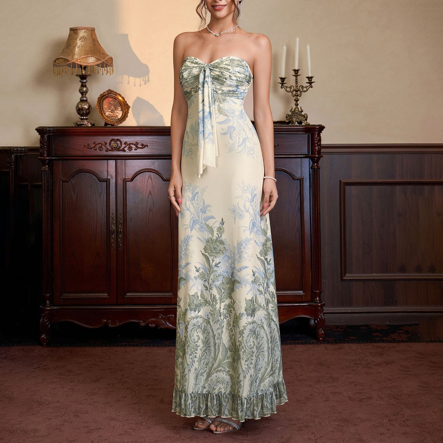 green mesh print strapless back ruffled embroidered dress