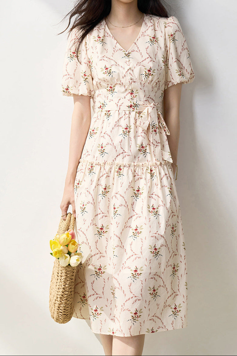 Retro V-neck puff sleeve printed tea maxi dress