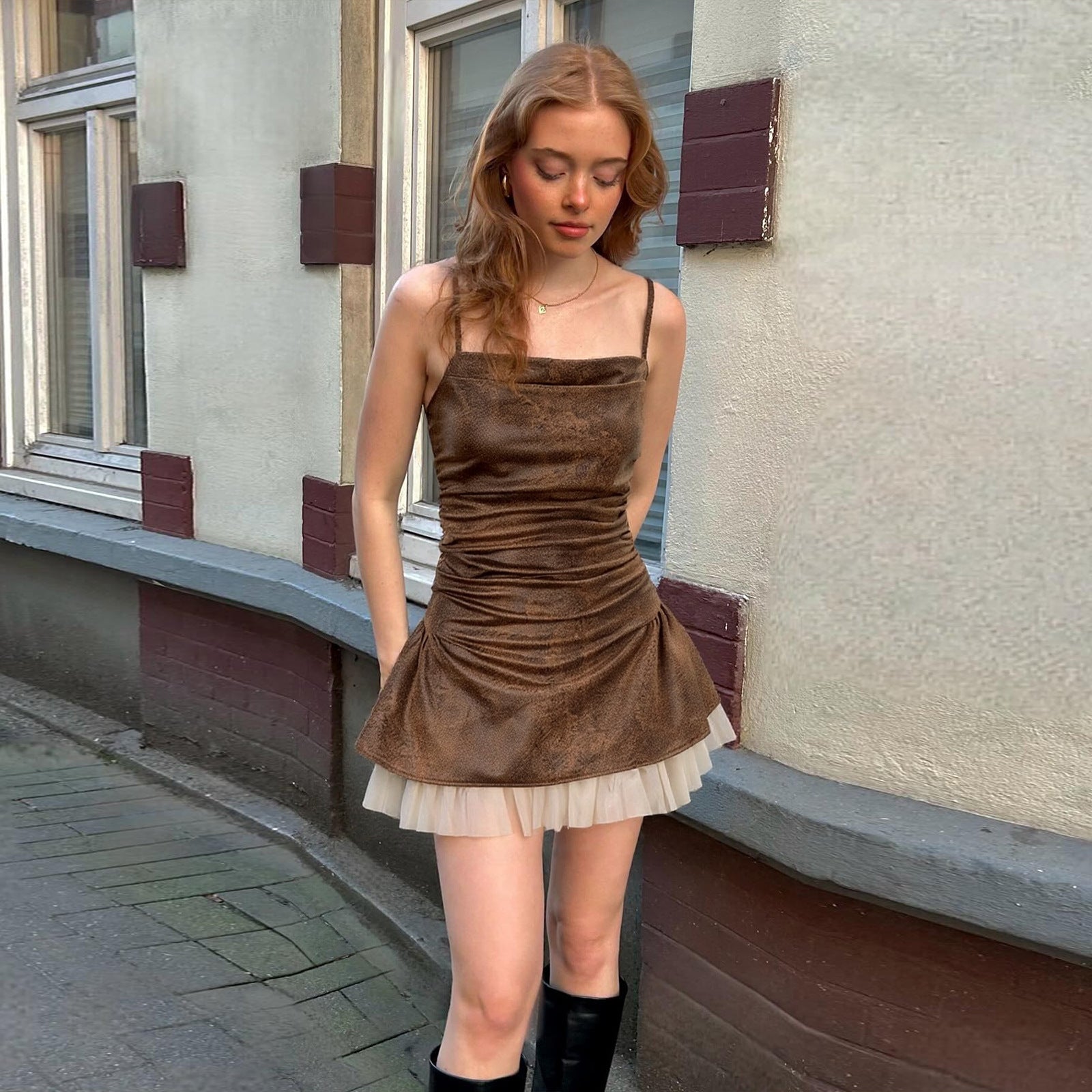 Vintage PU leather suspender dress