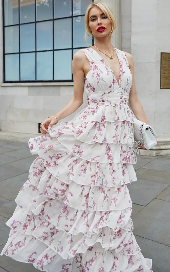 white chiffon print maxi dress