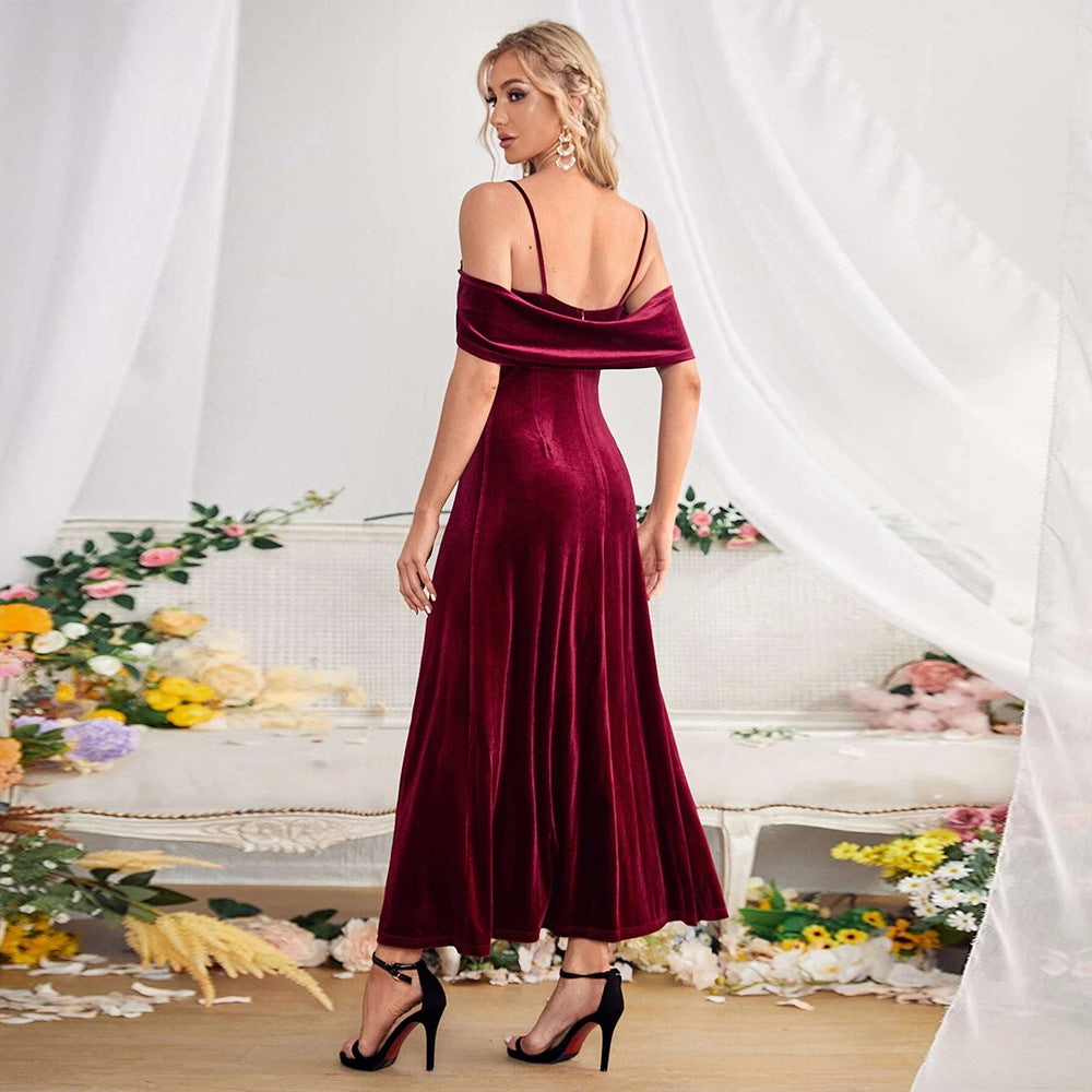 Slit Velvet Off-Shoulder Spaghetti Strap Dress