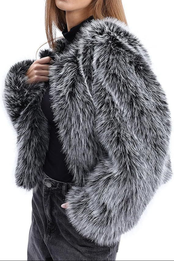 faux fur long-sleeved front open cropped coats