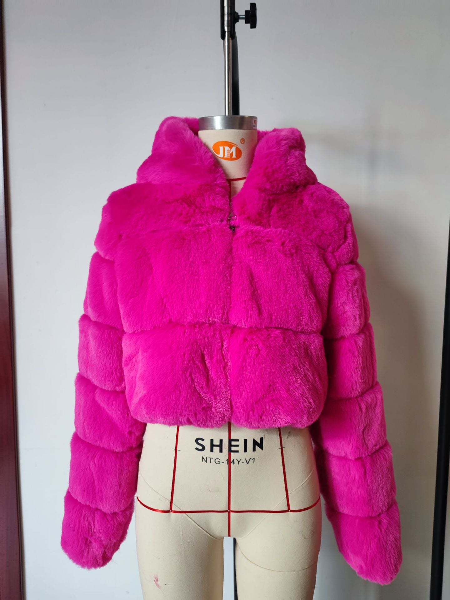 hooded imitation rabbit fur long sleeve spliced jacket