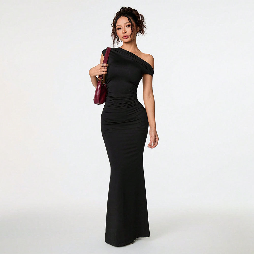 Black off-shoulder asymmetrical maxi dress