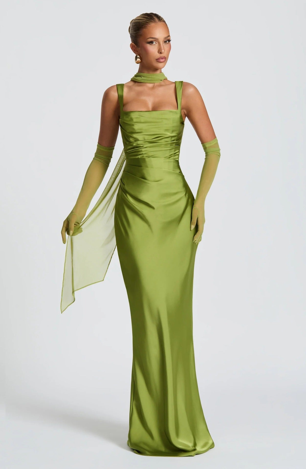 green satin herring bone slip dress